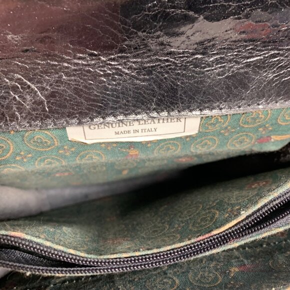 Vintage 80s Black Leather Top Handle Accordion Shoulder Bag Front Flap Clasp - Picture 6 of 11